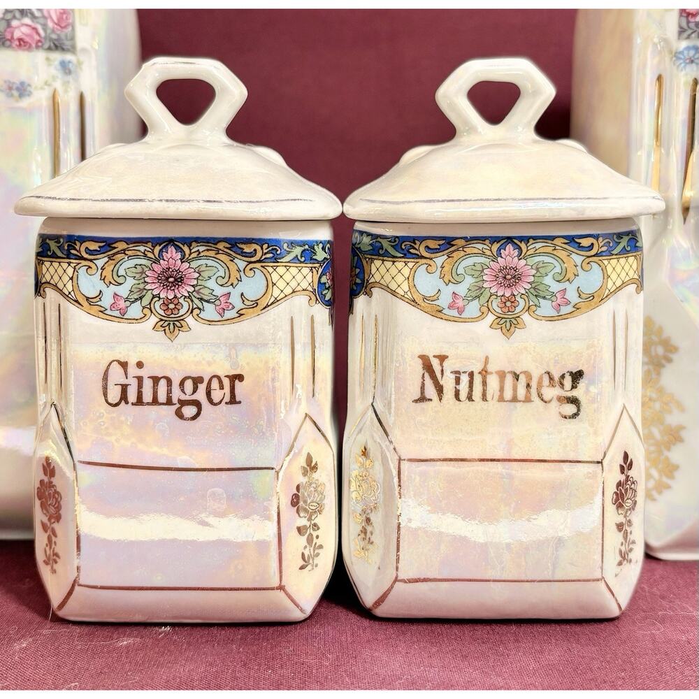 White Block Lusterware Canisters Set of 2 Germany Iridescent Kitchen Antique